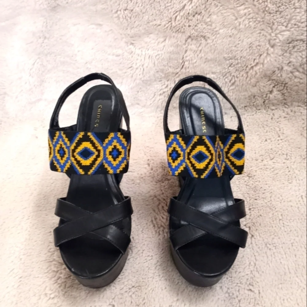 Chinese Laundry Bohemian Batik Print Leather Strappy Slingback Platform Sandal